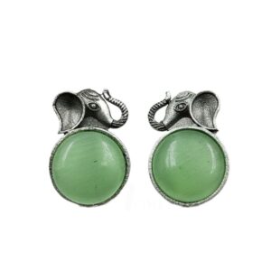 SILVER ELEPHANT MOTIVE GREEN MONALISA STONE SET EARRINGS