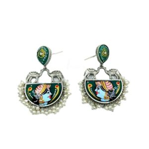 SILVER DESIGNER MOTIVE TANJORE HAND PAINTED SET EARRINGS