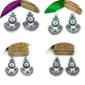 ARNAS 1 PAIR PACK OF SILVER DESIGNER MOTIF STONE SET EARRINGS