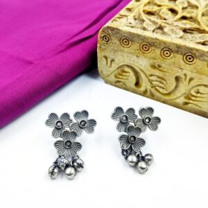 ARNAS 1 PAIR PACK OF SILVER FLORAL MOTIF WITH GHUNGROO SET EARRINGS