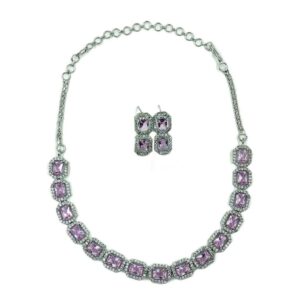 ARNAS SILVER TONED AMERICAN DIAMOND WITH PINK STONE DESIGNER NECKLACE SET