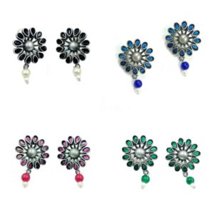 ARNAS 1 PAIR PACK OF SILVER FLORAL MOTIF STONE SET EARRINGS