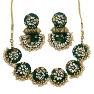 FABRICJ0025- ARNAS HANDMADE DARK GREEN FABRIC WITH OXIDIZED TABIZ JEWELLERY SET