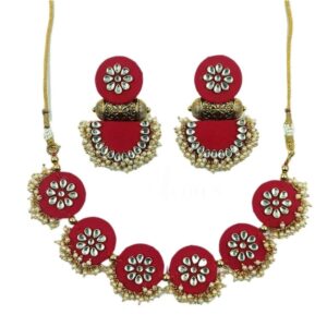 FABRICJ0026- ARNAS HANDMADE RED FABRIC WITH OXIDIZED TABIZ JEWELLERY SET