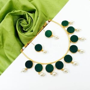 ARNAS BRASS GOLDEN WITH GREEN DRUZY STONE HASLI NECKLACE & EAR RING SET