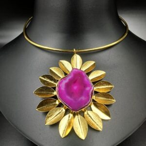 ARNAS MATT GOLD BRASS-PLATED FLORAL MOTIF PURPLE AGATE STONE HASLI NECKLACE