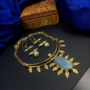 ARNAS MATT GOLD BRASS-PLATED DESIGNER MOTIF WITH COBALT BLUE AGATE STONE JEWELLERY SET