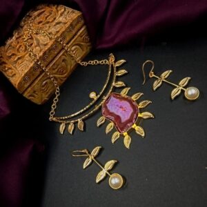 ARNAS MATT GOLD BRASS-PLATED DESIGNER MOTIF WITH AGATE STONE JEWELLERY SET