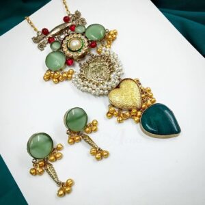 ARNAS BRIGHT GOLD BRASS-PLATED WITH PISTA GREEN MONALISA STONE JEWELLERY SET