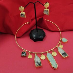 ARNAS MATT GOLD BRASS-PLATED DESIGNER MOTIF WITH UNCUT ORIGINAL STONE HASLI NECKLACE SET