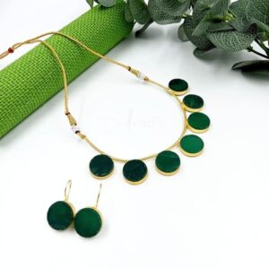 ARNAS BRASS GOLDEN WITH GREEN DRUZY STONE HASLI NECKLACE & EAR RING SET