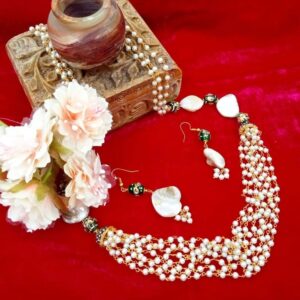 ARNAS MATT GOLD BRASS-PLATED DESIGNER MOTIF WITH MOTHER OF PEARL AND PEARL GAJRA NECKLACE