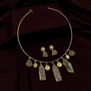ARNAS MATT GOLD BRASS-PLATED DESIGNER MOTIF WITH UNCUT ORIGINAL STONE HASLI NECKLACE SET