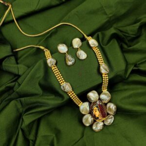 ARNAS HAND PAINTED BRIDE TANJORE ART ON BROWN STONE WITH MOTHER OF PEARL TRADITIONAL JEWELLERY NECKLACE SET
