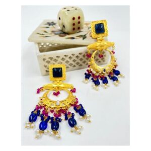 ARNAS 1 PAIR GOLDEN BRASS METAL WITH STONES & LOOK ALIKE PEARL DESIGNER MOTIVE EARRINGS