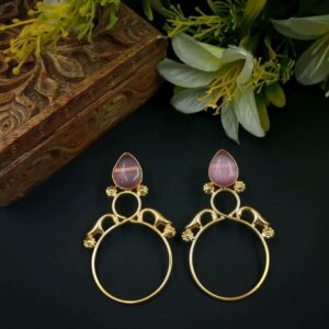 ARNAS 1 PAIR GOLDEN BRASS METAL WITH MONALISA STONE DESIGNER MOTIVE EARRINGS