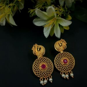 ARNAS 1 PAIR PACK OF GOLDEN BRASS METAL WITH MAGENTA STONE DESIGNER ROUND BIRD MOTIVE EARRING