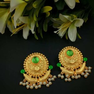 ARNAS 1 PAIR PACK OF GOLDEN BRASS METAL WITH LOOK ALIKE PEARL & STONE DESIGNER LEAF MOTIVE EARRINGS