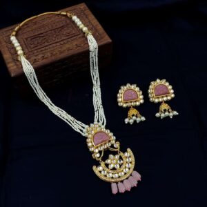 ARNAS PINK STONE WITH LOOK ALIKE PEARL KUNDAN NECKLACE EAR RINGS COMBO SET