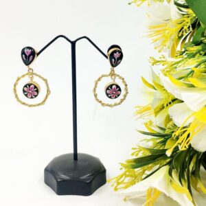 ARNAS 1 PAIR PACK OF GOLDEN BRASS METAL WITH TANJOR PAINTED STONE DESIGNER MOTIVE EARRING