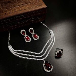 ARNAS SILVER TONED AMERICAN DIAMOND WITH MAROON STONE DESIGNER EARRINGS NECKLACE SET
