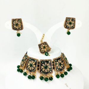 IMITJEWELLERY0003 – ARNAS GOLDEN METAL PENDENT WITH GREEN STONE & BEAD IMITATION JEWELLERY SET