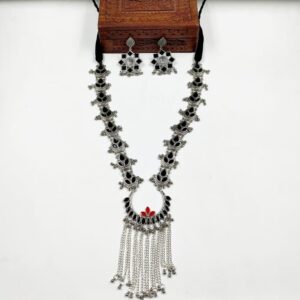 OXINECLASE0013- ARNAS HANDCRAFTED RED & BLACK MEENA WITH OXIDIZED GERMAN SILVER PENDENT JEWELLERY SET