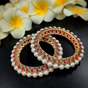 ARNAS 1 PAIR GOLDEN METAL WITH STONE & LOOK ALIKE PEARL DESIGNER MOTIVE BANGLES