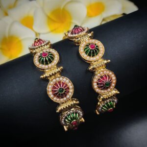 ARNAS 1 PAIR GOLDEN METAL WITH STONE & LOOK ALIKE PEARL DESIGNER MOTIVE BANGLES