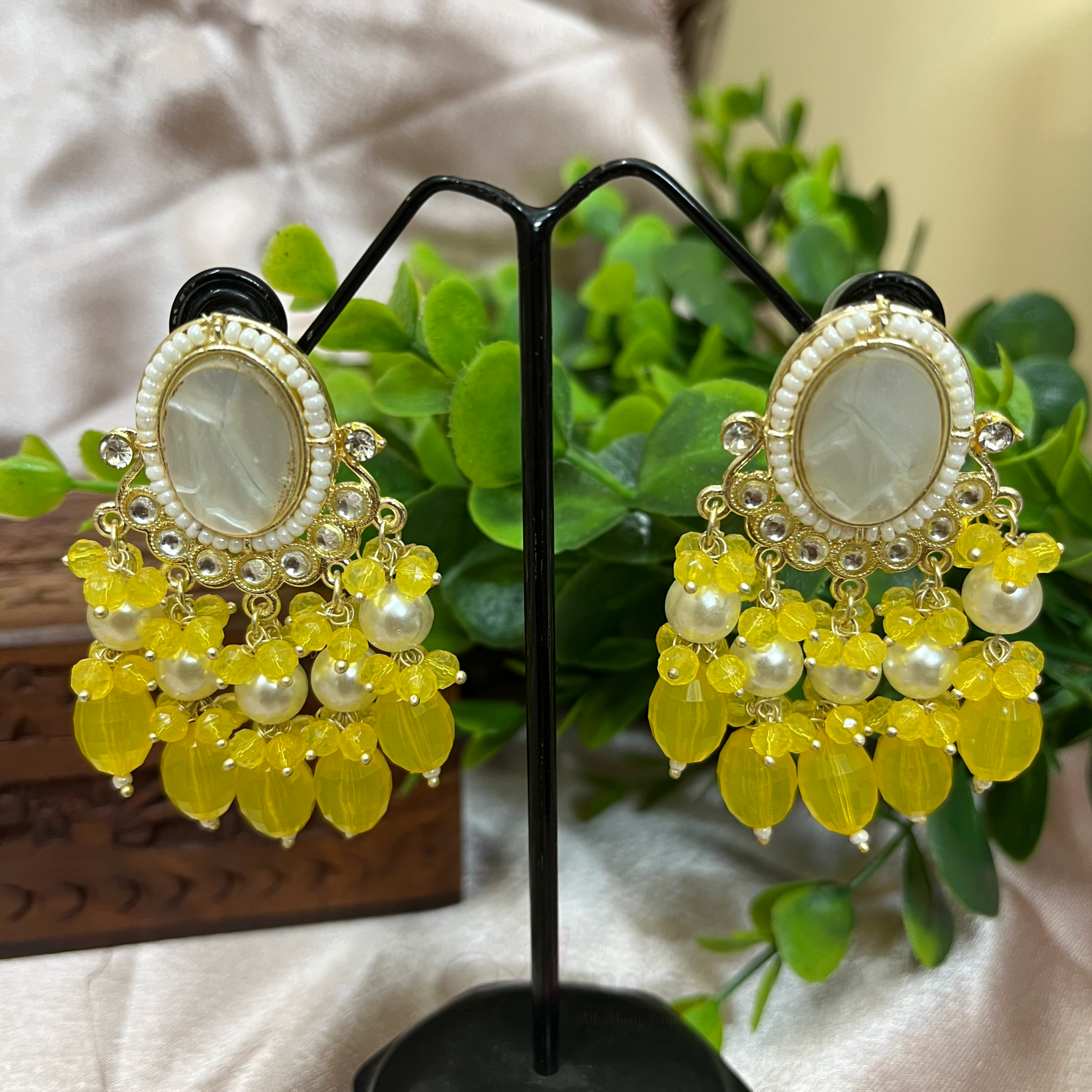 ARNAS GOLD PLATED LEMON YELLOW WHITE COLOR FANCY EARRINGS