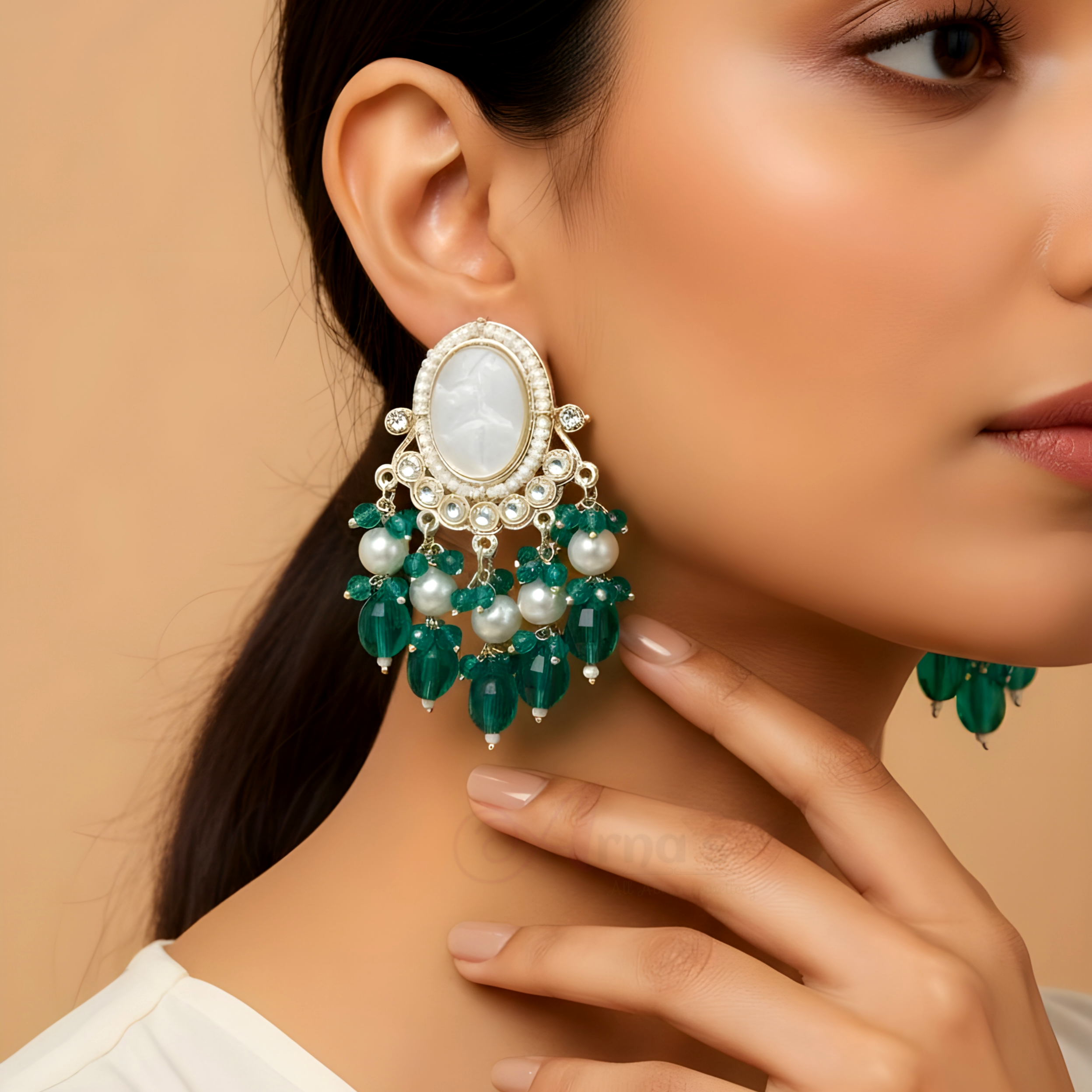 ARNAS GOLD PLATED DARK GREEN COLOR FANCY EARRINGS