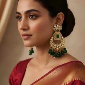 ARNAS GOLD PLATED GREEN KUNDAN CHANDBALI EARRINGS