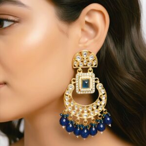 ARNAS GOLD PLATED IMPERIAL BLUE KUNDAN CHANDBALI EARRINGS