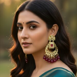 ARNAS GOLD PLATED RANI PINK KUNDAN CHANDBALI EARRINGS