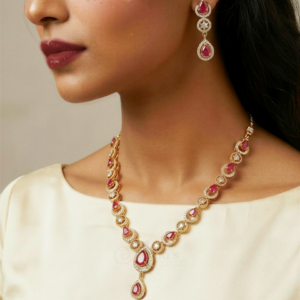 ADNECK0015- ARNAS MEHENDI PLATED RUBY RED AMERICAN DIAMOND NEKLACE SET