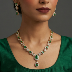 ADNECK0003- ARNAS MEHENDI PLATED EMERALD GREEN AMERICAN DIAMOND NEKLACE SET