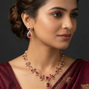 ADNECK0004- ARNAS GOLD PLATED RUBY RED AMERICAN DIAMOND NEKLACE SET