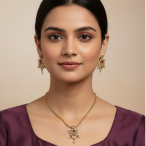 ADNECK0008- ARNAS GOLD PLATED RUBY RED AMERICAN DIAMOND CHAIN PENDENT NEKLACE SET