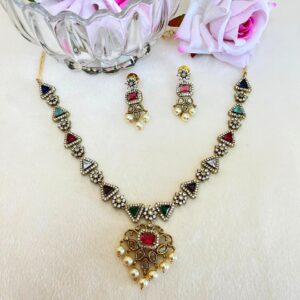 ADNECK0019- ARNAS MEHENDI PLATED MULTI COLOR AMERICAN DIAMOND NEKLACE SET