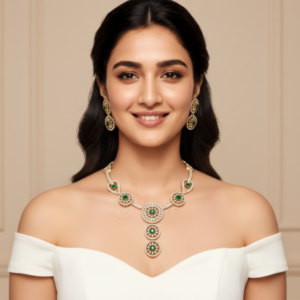 ADNECK0017- ARNAS MEHENDI PLATED EMARALD GREEN AMERICAN DIAMOND CHAIN PENDENT NEKLACE SET