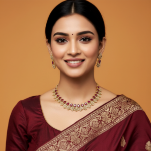 ADNECK0005- ARNAS GOLD PLATED RUBY RED AMERICAN DIAMOND NEKLACE SET