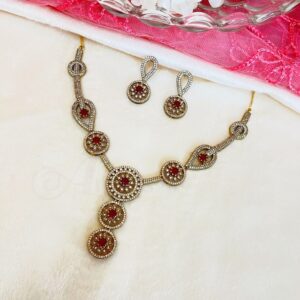 ADNECK0018- ARNAS MEHENDI PLATED RUBY RED AMERICAN DIAMOND CHAIN PENDENT NEKLACE SET