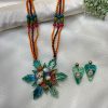 ARNAS FLORAL SHAPED WITH ORIGINAL SEA SHELL TEAL-GREEN NECKLACE STUD SET RESIN JEWELLERY