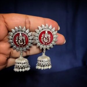 ARNAS HAND EMERALD GANAPATI MOTIVE SILVER REPLICA STUD JHUMKA